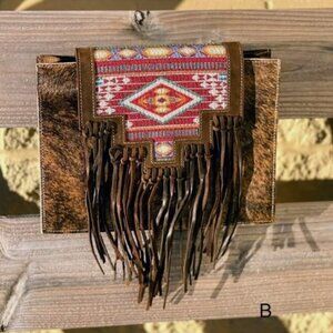 Cowhide Concealed Carry Fringe Shoulder Bag with Aztec Print Flap